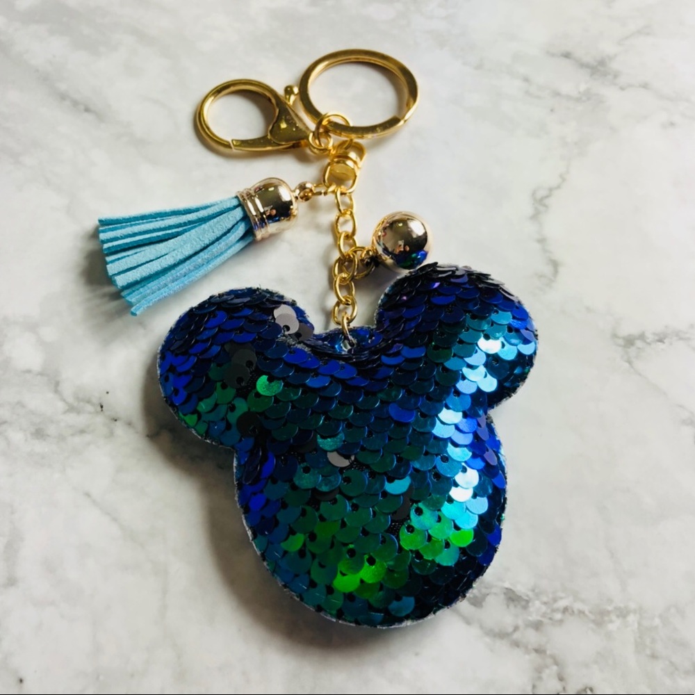 New! Mouse Head Blue Green Sequins Keychain Keyfob